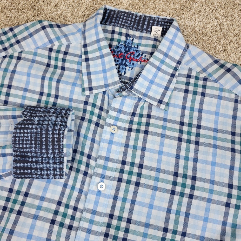 Robert Graham Mens XL Blue Plaid Button Up Long Sleeve Flip Cuff